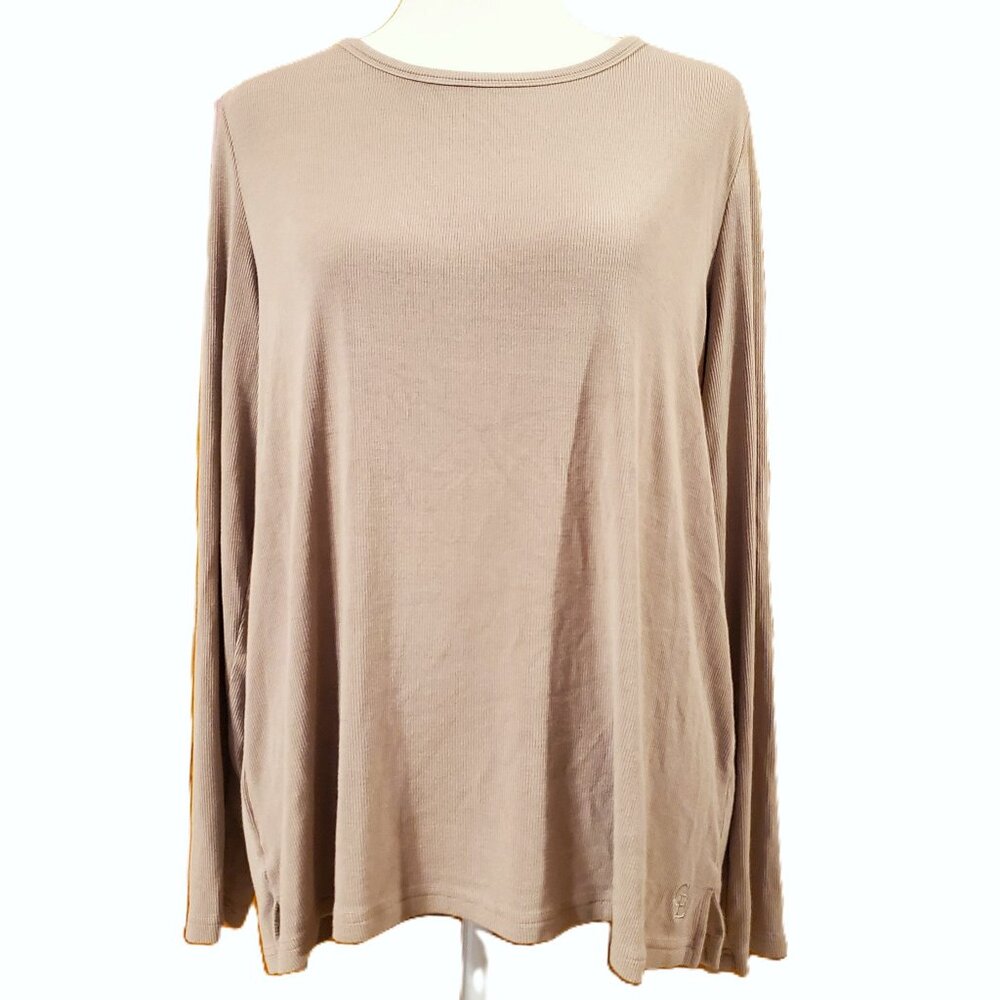 Cozy Earth Tan Bamboo Rib Knit Long Sleeve Lounge Top T-Shirt Womens Sz L Soft